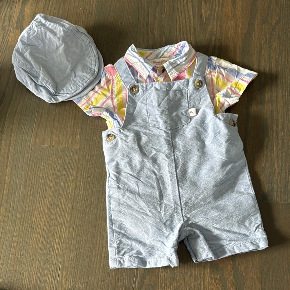 Tommy Bahama Baby 3 Pcs Shortall Set Striped Bodysuit, Blue Shortalls & Hat 3-6M